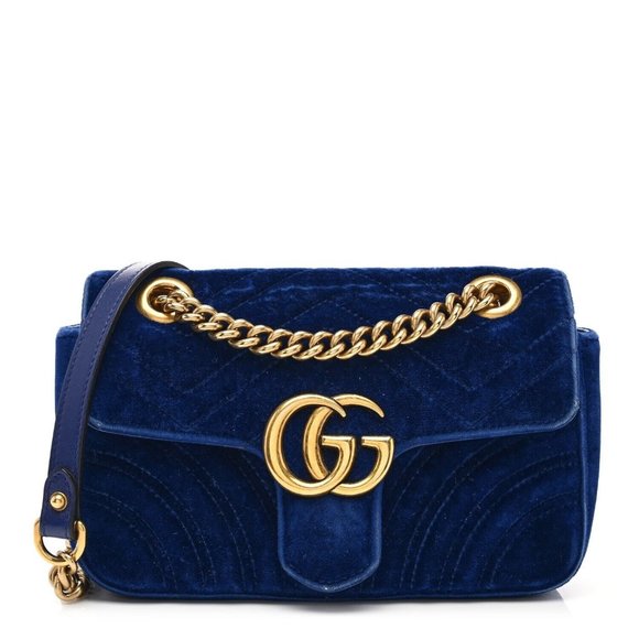 Gucci Velvet Matelasse Small GG Marmont Shoulder Bag Cobalt Blue Gold Handbag NW - Picture 1 of 9